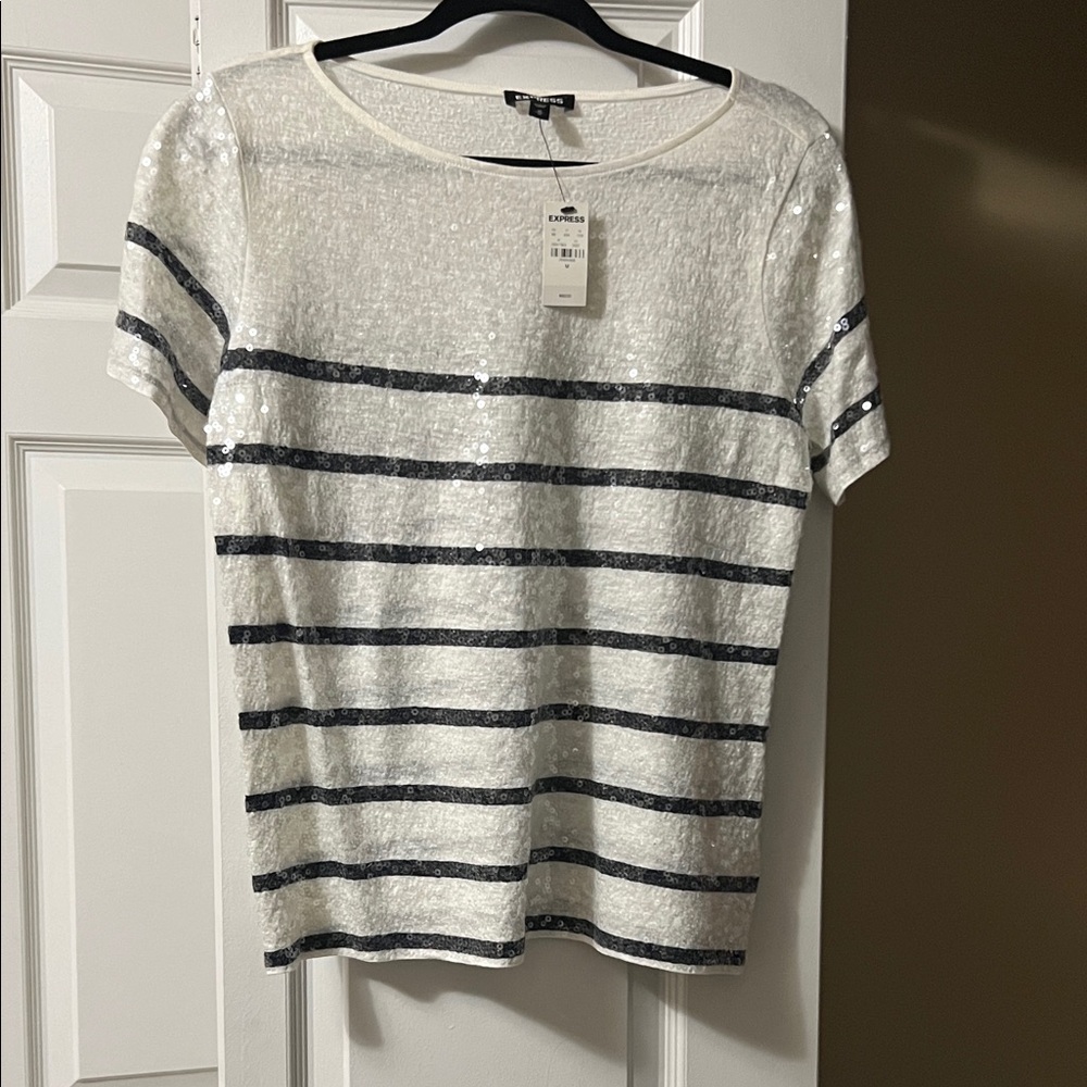 Express White and Black Sequin Striped Tee